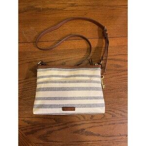 FOSSIL Crossbody Bag Stripe Canvas Rectangle Leather Strap Brown White Key Charm